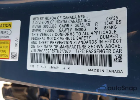 2026 Honda Civic Sport from USA, damaged, VIN 2HGFE2F55TH517676